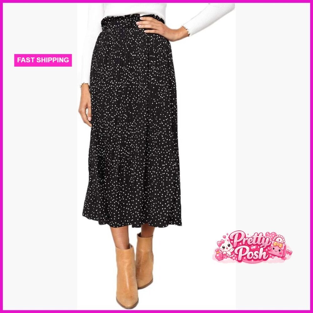 High Waist Polka Dot Pleated Maxi Midi Skirt with Pockets - Picture 1 of 7